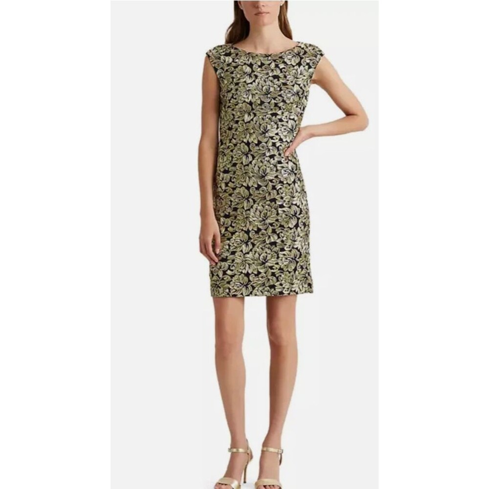 Lauren Ralph Lauren Gold Floral Brocade Sheath Dress Navy Sleeveless 10